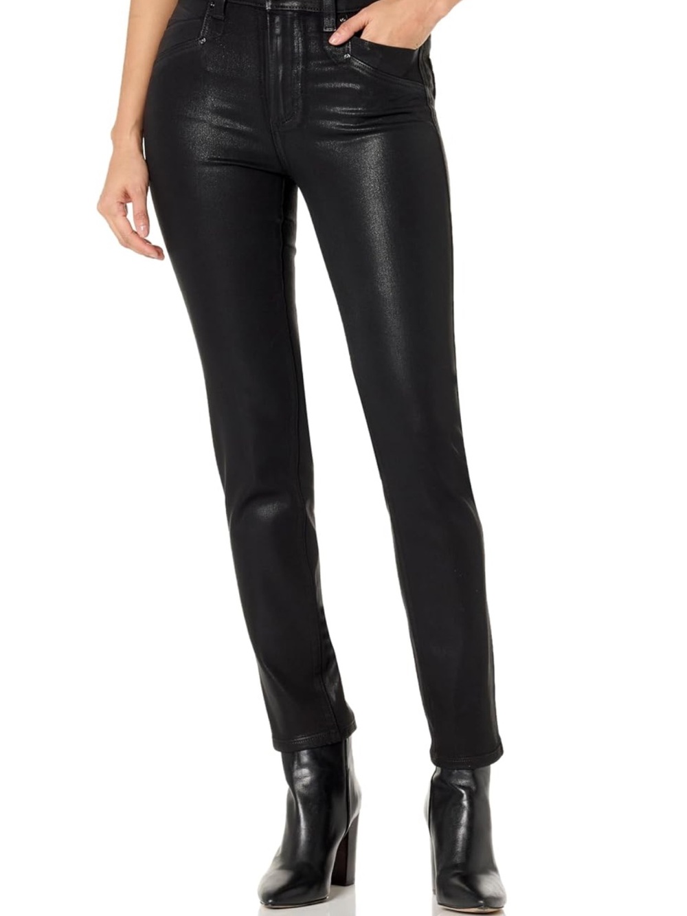 PAIGE - Gemma, 30, Shiny Black Straight Oil Slick Jeans, stretch